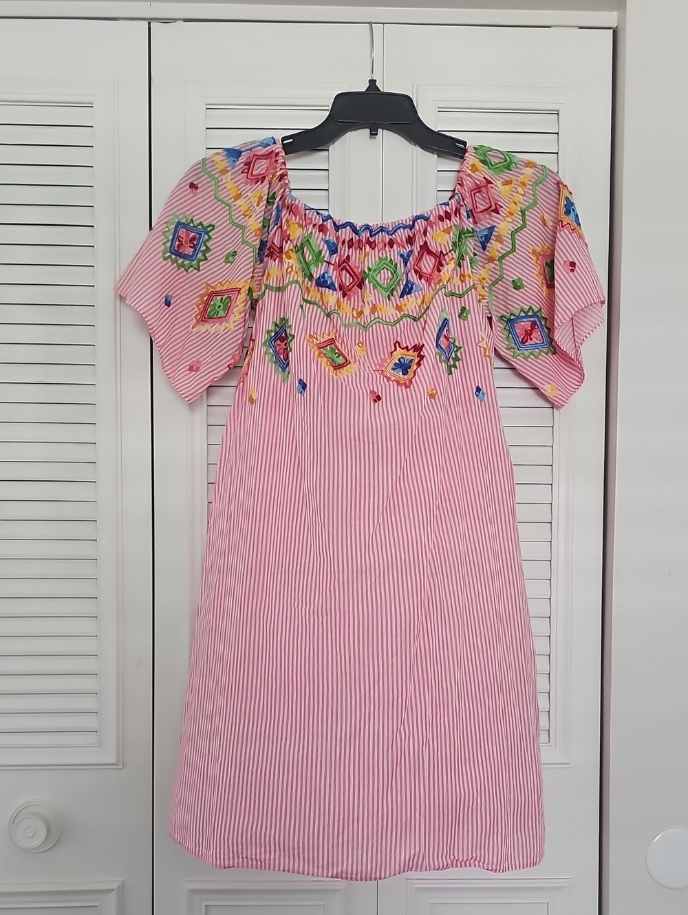 Ces Femme Pink Striped Dress with Colorful Embroidered Yoke
